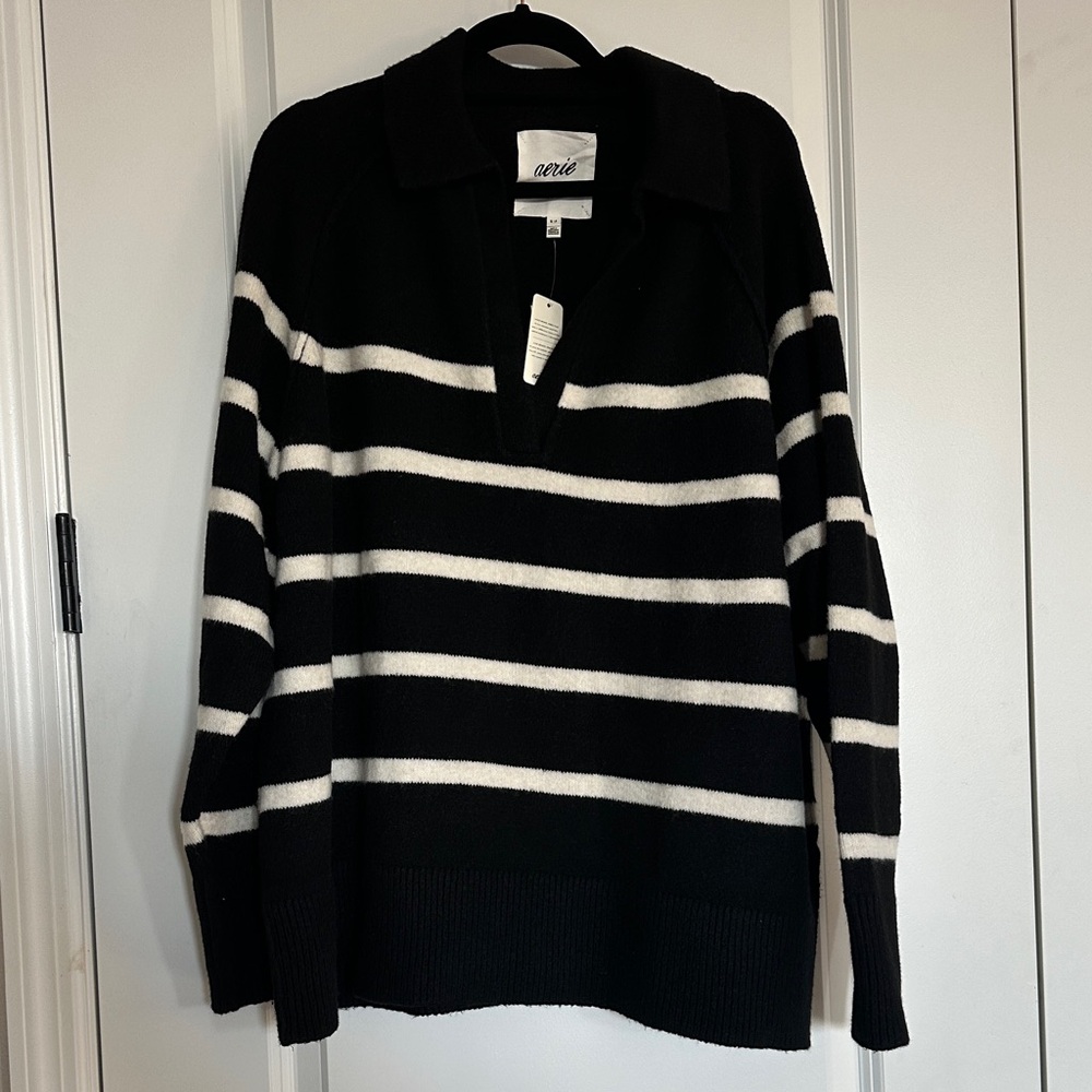 Aerie Collared V-Neck Black and Cream Striped Sweater NWT